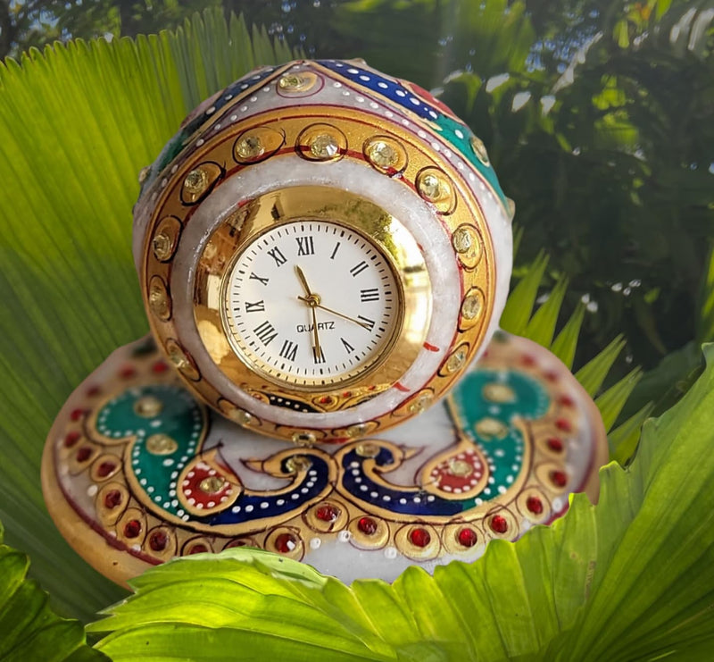 RM Table Clock | Handcrafted Meenakari Work Clock |Decorative Office Table Marble Ball Shape Watch | Marble Table Clock | Marble Round Table Clock | Marble Meenakari Study Table Clock