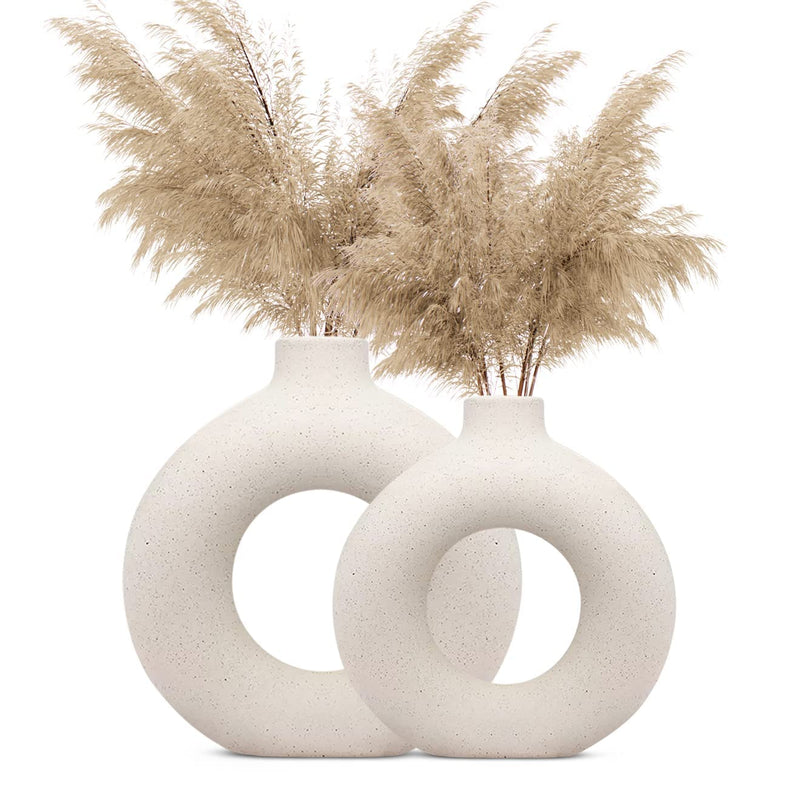 URBAN SENSE™ | Modern White Ceramic Donut Vase - Stylish Circle Round Pampas Vase for Home Decor, Wedding, Party, Office, Bedroom - Decorative Gift (Pack of 3) (4In, 6In, 8In)