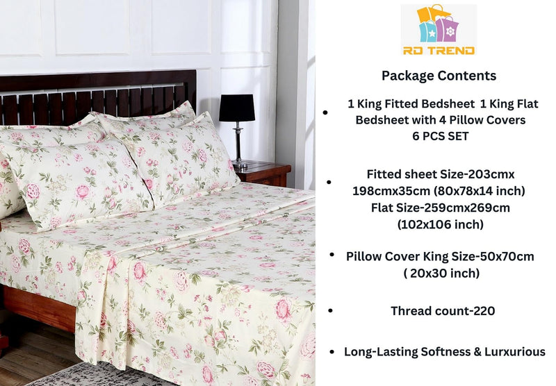 RD TREND Soft Microfiber Printed Sheets, Super King Size, 6 Piece Bedsheet Set, 102W x 106L Inch 1 Flat Sheet, 80W x 78L Inch 1 Fitted Sheet, 4 Pillow Covers 20X30 Inch, Cream Pink Rose