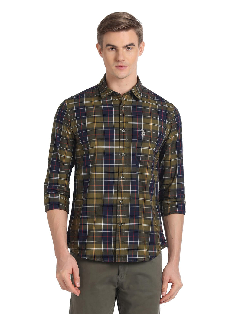 U.S. POLO ASSN. Men's Checkered Slim Fit Shirt (UDSHT0718_Olive