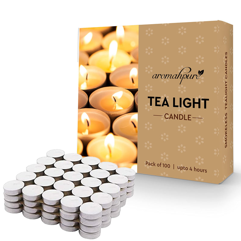 Aromahpure Unscented Decorative Tealight Candles | Soy Wax Tealight Candle | 10 gm, 100 Pcs | Unscented Smokeless Candles | 4 Hours Burning Time Guaranteed | for Home Decoration & Celebration