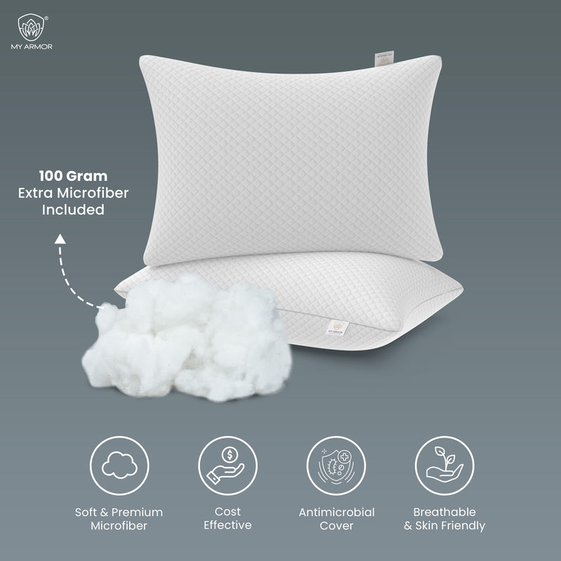 MY ARMOR Height Adjustable Conjugate Fiber Sleeping Pillows with Zip and Extra Fibre | 17" x 27" - Set of 4, White Bamboo Fabric