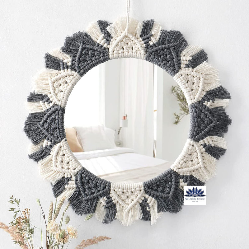 Waterlily House - Wall Hanging Macrame Mirror, Macrame Wall Mirror, Macrame Hanging Fringe, with Fringe, Round Wall Mirror for Home (Model - C)