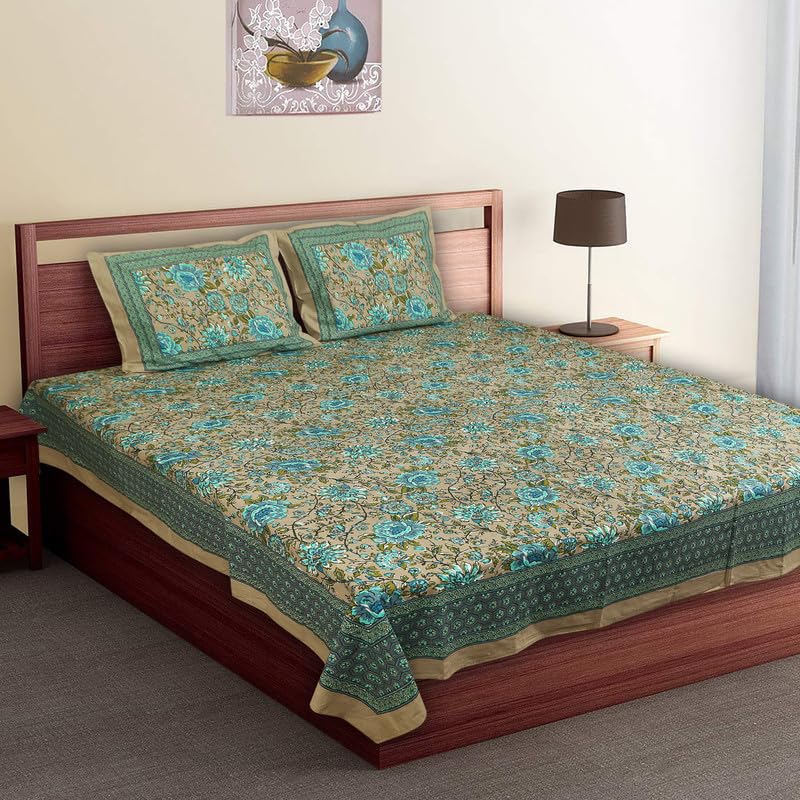 PITTAS Pure Autoloom Cotton 3 Piece Set of Super King Bed Bedsheet with Pillow Cover | Empire | 108 x 108 Inches | Open Lotus | EMPIRE-SKB34 | SkyBlue