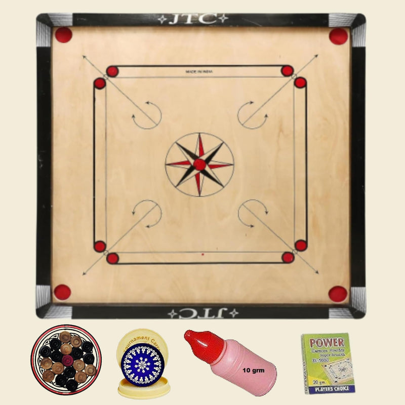 JTC Carrom Board 32 Inch Full Size Matte Finish for Kids Men Women Adults Serious Professional with Coins, Striker and Powder Made of Assam Plywood Carrom Board Best Smooth Board