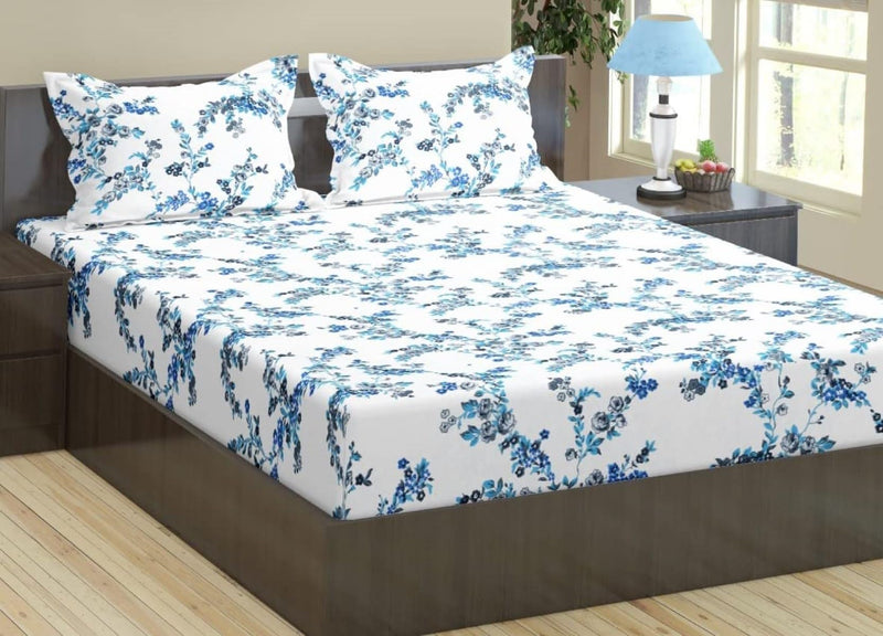 Trance Home Linen 180TC 100% Cotton 78"x60" Standard Queen Size Elastic Fitted Bedsheet | Printed Queen Bed Size Elasticated Fitted Bedspread with 2 Pillow Covers (Queen 78x60 inch, Nile Blue)