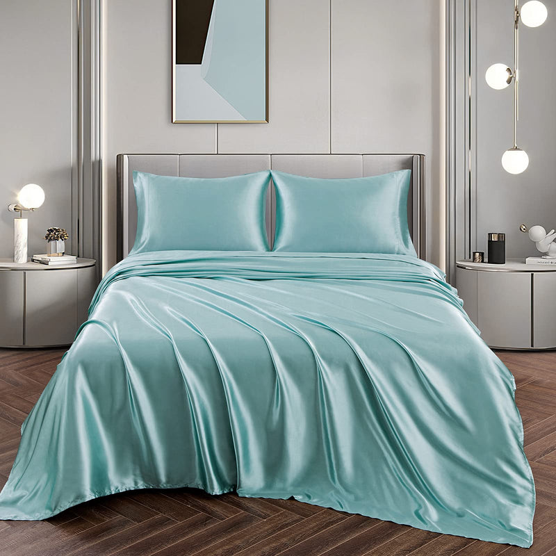 Vonty Satin Sheets Full Size Silky Soft Satin Bed Sheets Aqua Satin Sheet Set, 1 Deep Pocket + Fitted Sheet + Flat Sheet + 2 Pillowcases