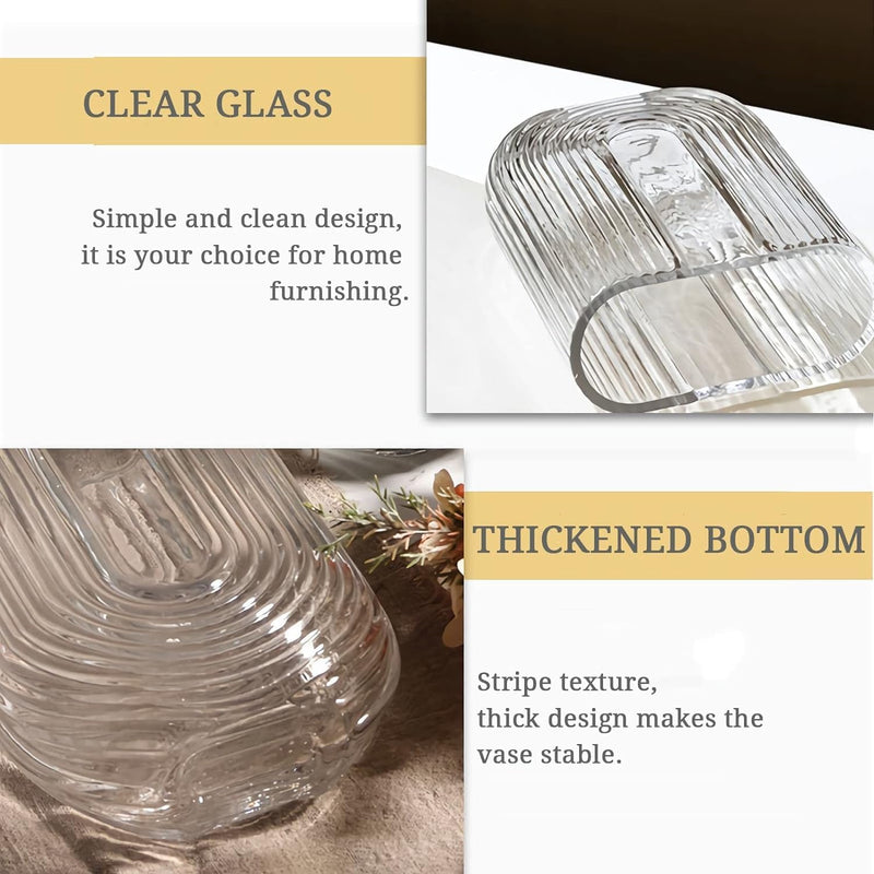 BELLU Clear Ribbed Glass Flower Vase, 7.3" H Modern Small Vase, Ellipse U Shaped Fluted Striped Decorative Vase, Fit for Home Living Room Table Decor (Open:5" x 2.6")