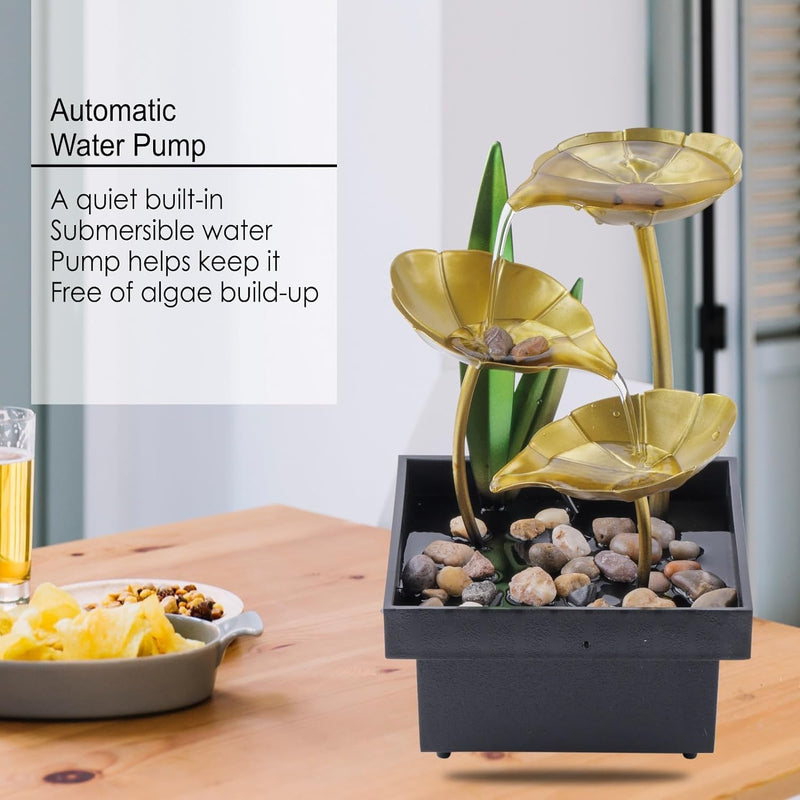 ZSIGNS Metal Tabletop Water Fountain Desktop Leaf Deep Basin and Natural River Rocks Fountain for Office Living Room Home (Gold)