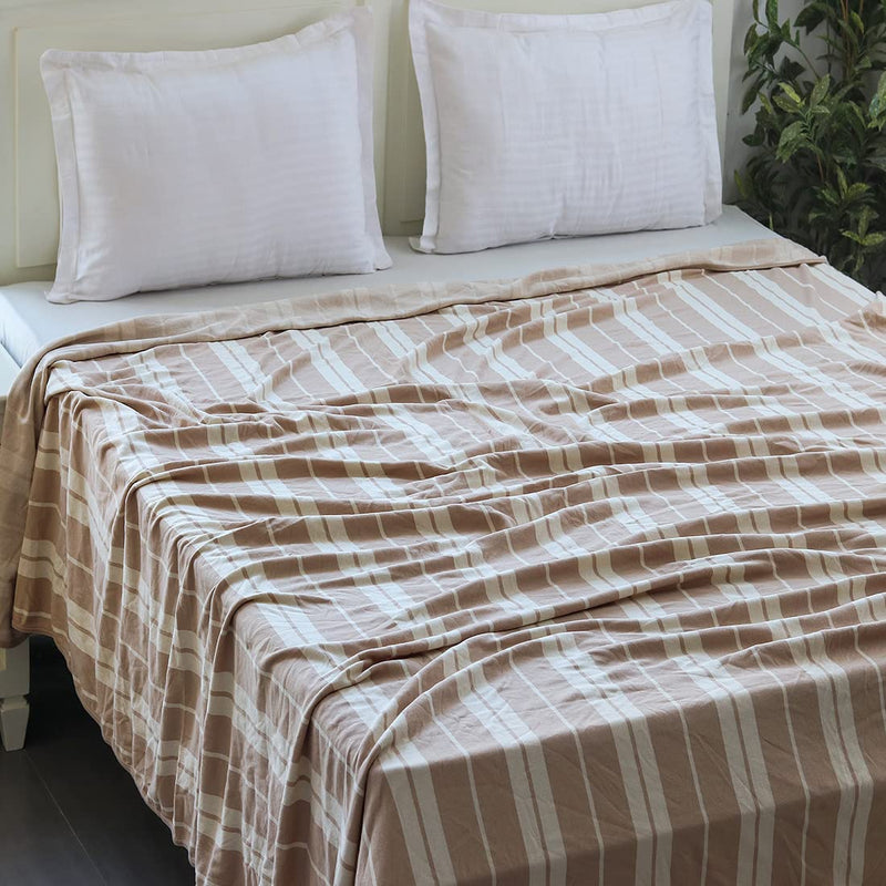 Pluchi Wide Stripe Cotton Knitted Double Bed AC Blankets/Dohar in Natural & Linen Color (229cm x 254cm)