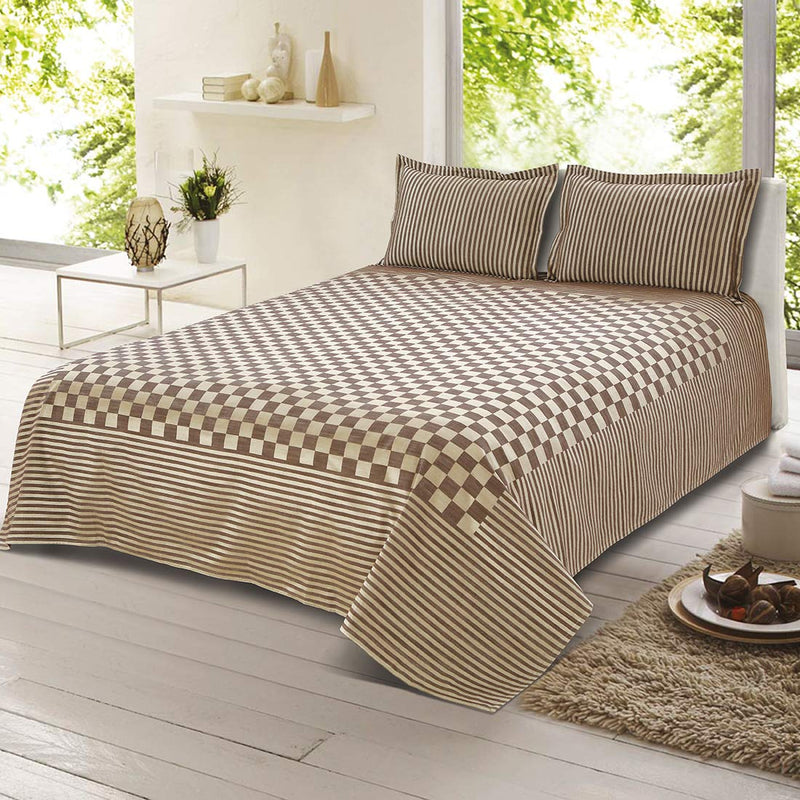 Victor Checked Bedsheet for Double Bed (90 X 100 Inch) Premium Cotton 300 TC Bedspread with 2 Pillow Covers Set (18 X 27 Inch) Extra Soft Breathable/Fade Resistant/Wrinkle Free Prima Brown Bedcover