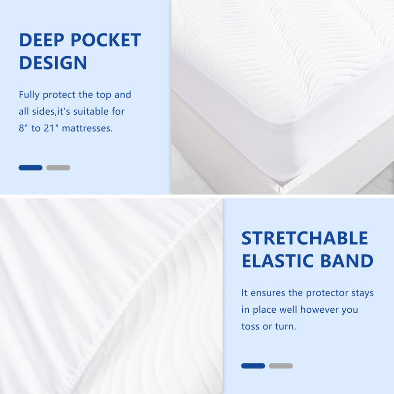 Twin Size 100% Waterproof Mattress Protector, Super Soft & Breathable Mattress Pad Stretches up to 18 Inches Deep Pocket Hollow Cotton Alternative Filling, Stain-Release & Vinyl Free Mattress Cover