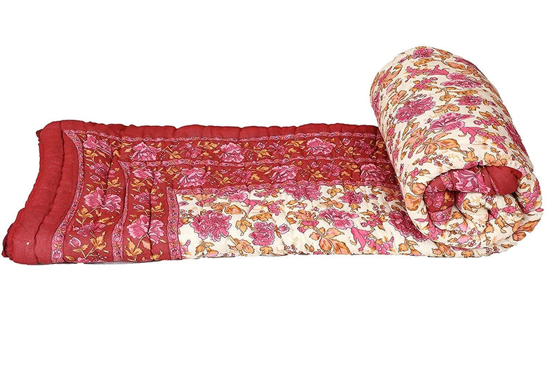 HOPEE SHOP Jaipuri Cotton Razai Pink Colour Floral Printed Soft Single Bed Quilt Rajasthani Sanganeri Light Weight Rajai - 55x85 inch