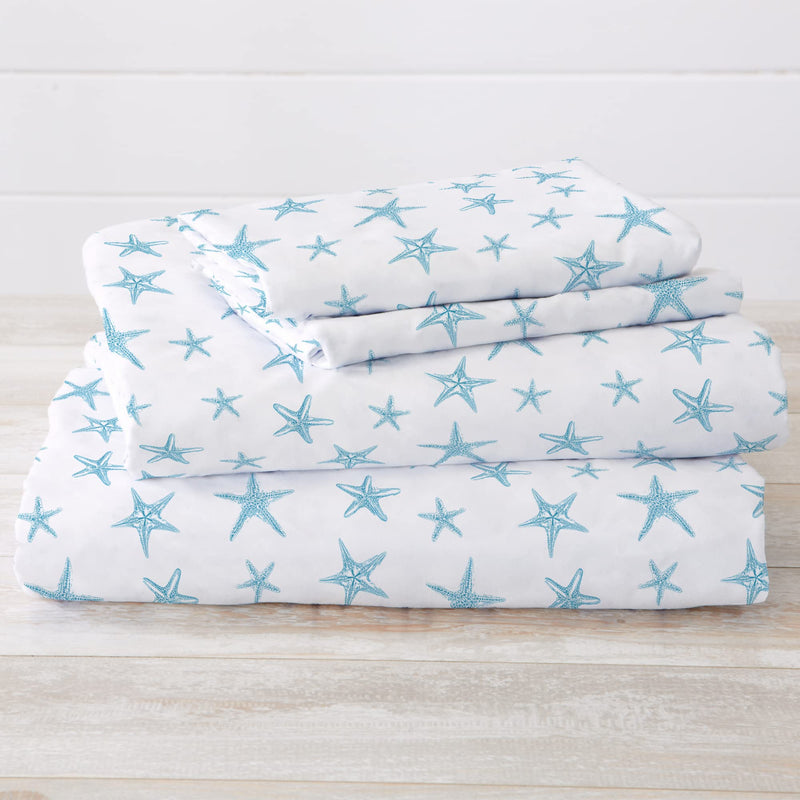 Great Bay Home Printed Coastal Microfiber Bed Sheets. Wrinkle Free, Deep Pockets, Beach Theme Sheet Set. Newport Collection (Full, Starfish - Blue)