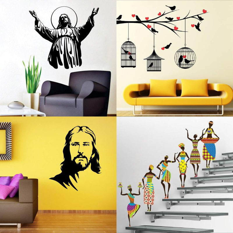 Walltech Combo of 4 Wall Sticker Jesus Christ-(60 x 50 cms) | Jesus Christ (60 x 68 cms) | Love Birds with Hearts-(125 x 85 cms) | Tribal Lady-(180 x 60 cms) - Material Vinyl