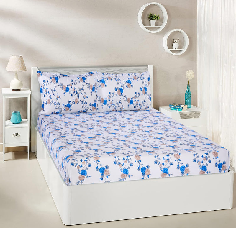 Amazon Brand - Solimo Pretty Floral 200 TC Cotton King Size Bedsheet (Blue)