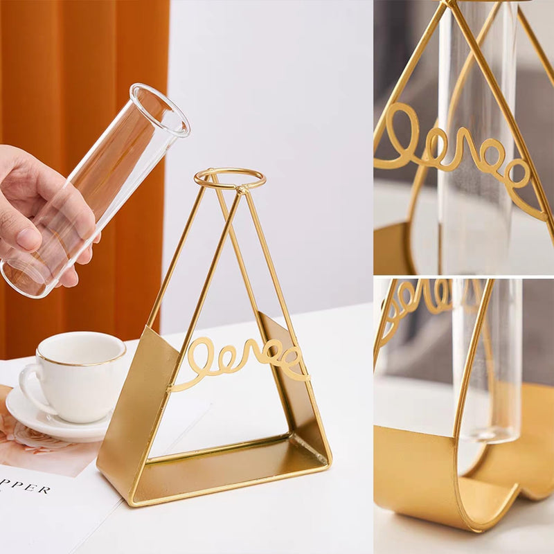 TIED RIBBONS 1 Pcs Propagation Station with Metal holder Glass Test Tube Vase Pot for Flower Plants Home Decor Office Living Room Bedroom Table Balcony Decoration Items (Gold, 20.3 cm x 15.2 cm)