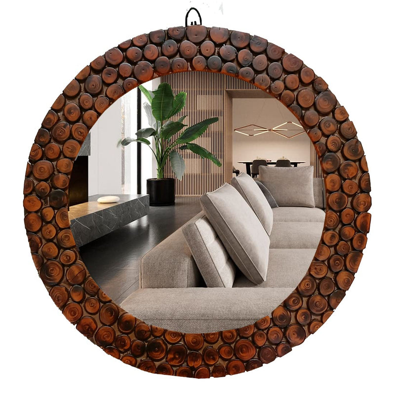Homedeco Handmade Wooden Antique Frame Round Wall-Mounted Mirror, Mirror for Bathroom, Living Room, Wall Basin, Study Room, Office, Brown (18x18 Inch), Framed