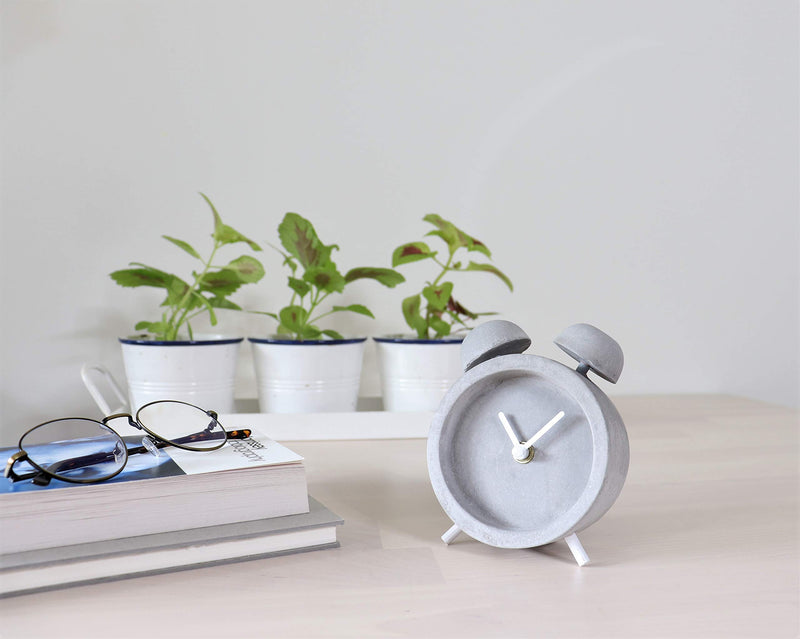 Driini Concrete Twin Bell Desk and Table Clock - Battery Operated with Precise Silent Sweep Movement. Perfect Small Clock for Guest Room, Bathroom, Living Room or Office.