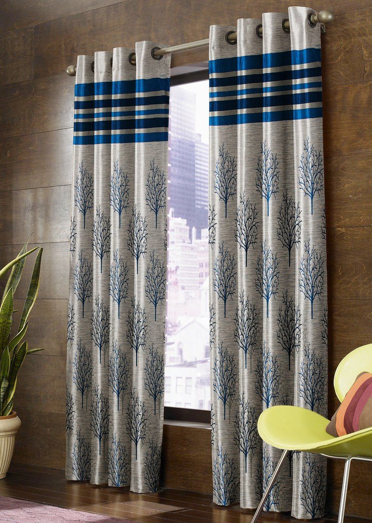 Homefab India 4 Piece Modern Jute Jacquard Eyelet Window Curtain - 5 feet, Blue