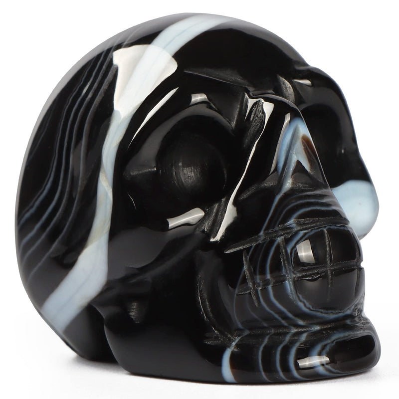 Artistone Crystal Skull Statue 2.0 inch Natural Hand Carved Black Banded Agate Crystal Skull Head Figurines Gemstone Fine Art Skull Sculpture Decoration, Reiki Healing Stone Statue