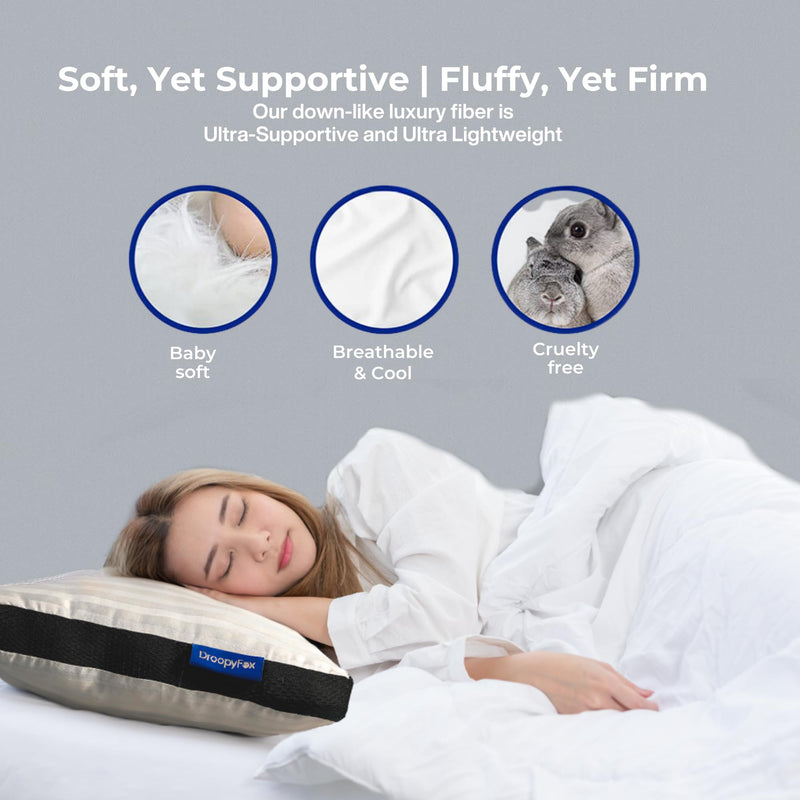 DroopyFox Comfort Soft Microfiber Pillow for Sleeping - Breathable Luxe Cotton Fabric | Designed for Neck and Spine Alignment | Ultimate Sleep Pillow, Standard Size, 26x15 inches, White - Pack of 1