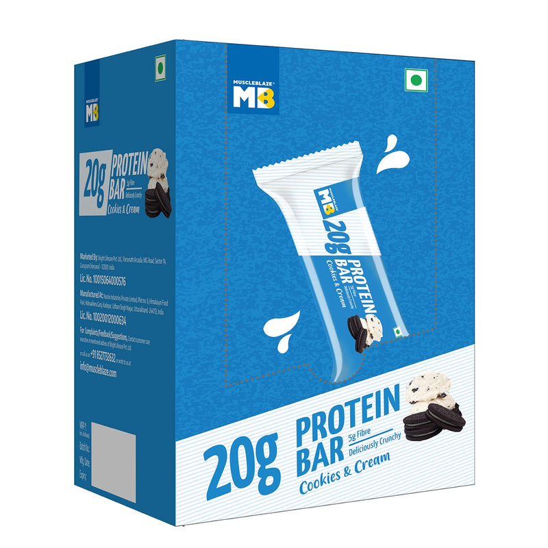 MuscleBlaze 20 gram Protein Bar, Cookies & Cream, Protein Blend, Fibre, 100% Veg, Gluten-Free, Healthy Protein Snacks, For Energy & Fitness (Pack of 6)