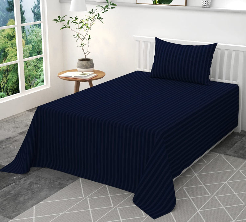 YUKU 210 TC Glace Cotton Satin Stripes Plain Single Bedsheet with One Pillow Cover (60 X 90) Inch (Navy Blue)