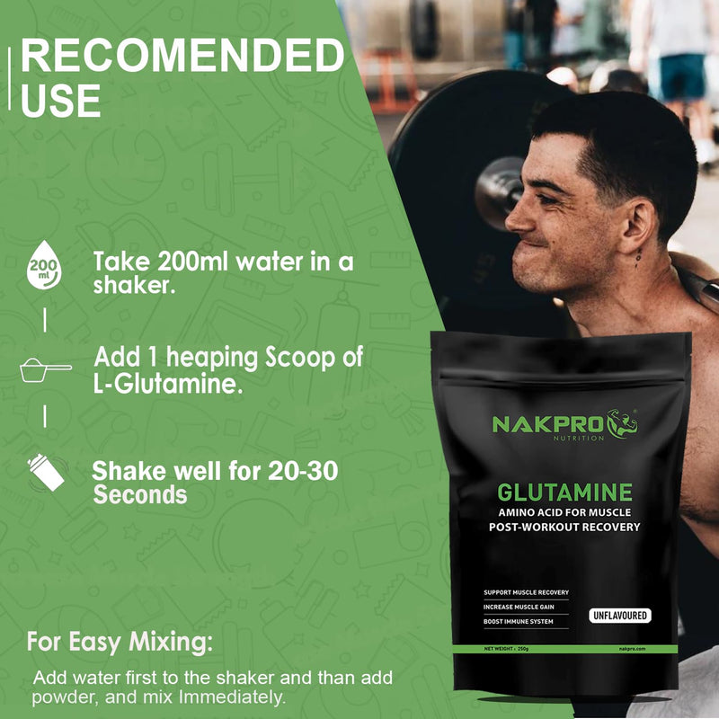 Nakpro L-Glutamine Powder | 4g Glutamine Per Serving, 50 Servings | Post Workout Amino Acid Supplement for Muscle Growth and Recovery (Unflavoured, 250g)