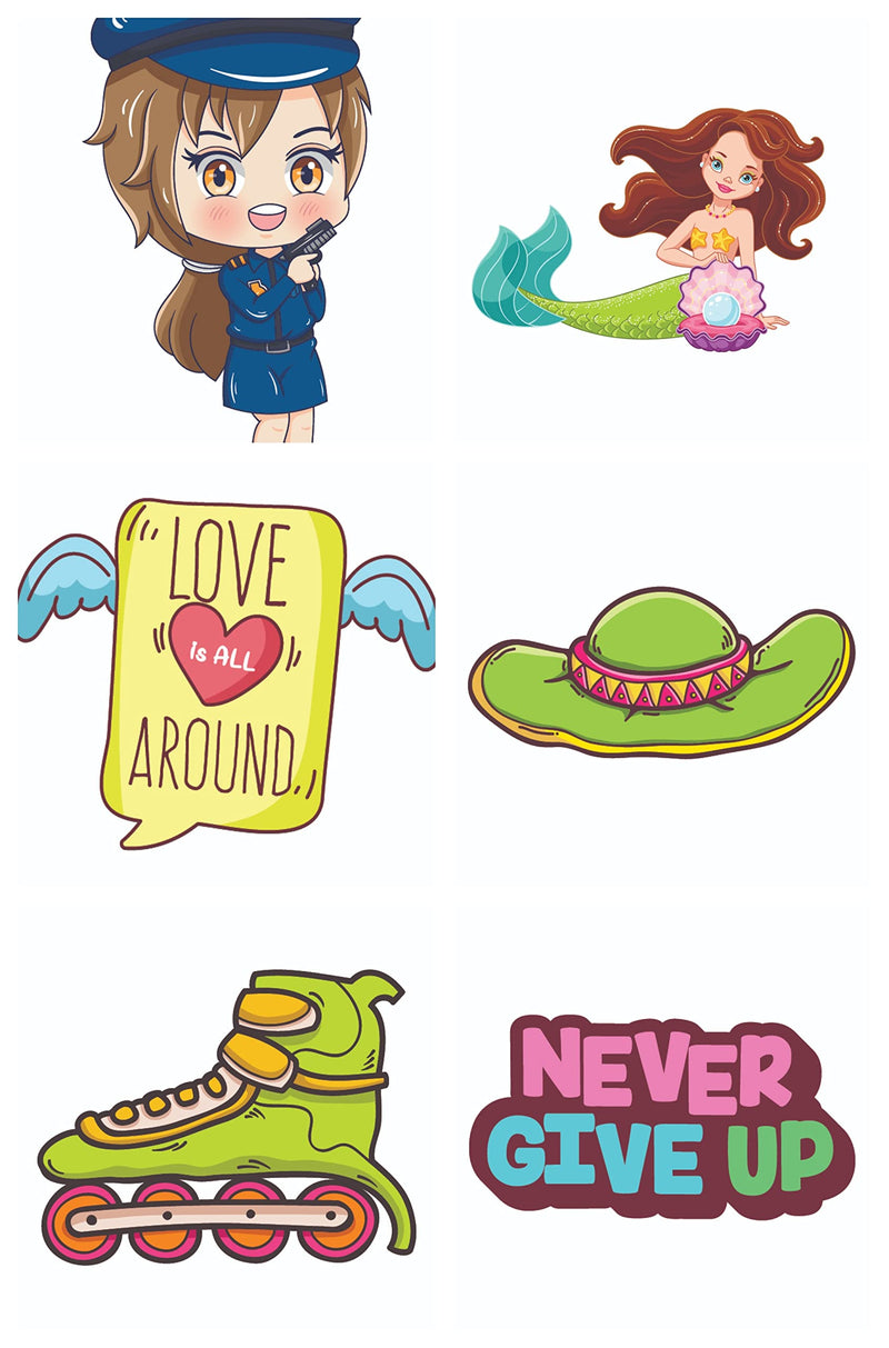 Bhai Please Female Police, Mermaid, Love is All Around, Green Hat, Skates and Never Give Up Wooden Fridge Magnet (Pack of 6 pcs, one pc Each Design)