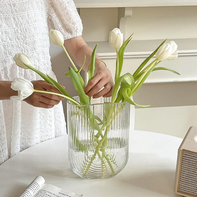 BELLU Clear Ribbed Glass Flower Vase, 7.3" H Modern Small Vase, Ellipse U Shaped Fluted Striped Decorative Vase, Fit for Home Living Room Table Decor (Open:5" x 2.6")