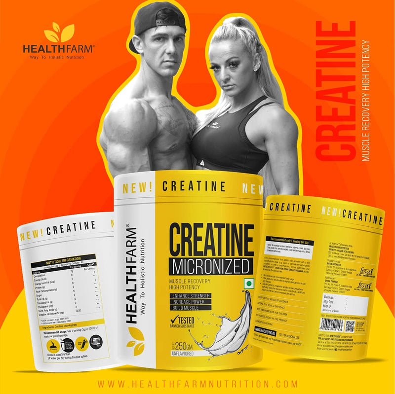 Healthfarm Creatine Monohydrate Powder - 3g of Micronized Creatine Powder per Serving, Creatine Pre Workout, Creatine for Building Muscle, Creatine Monohydrate (250 gram)