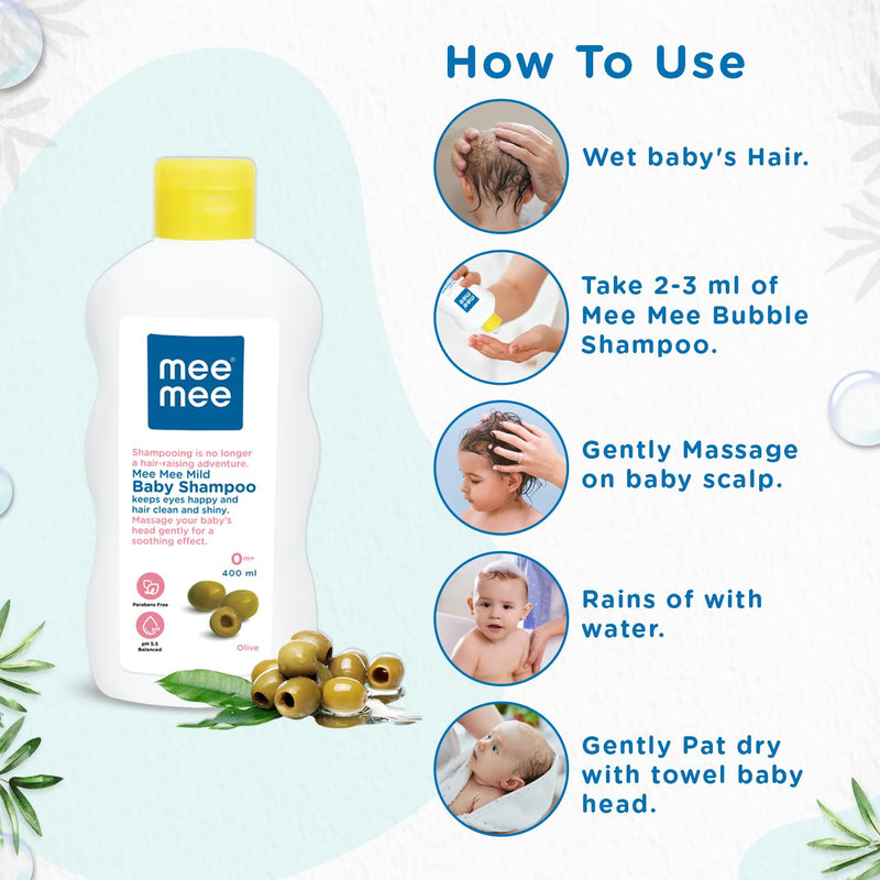 Mee Mee Mild Baby Shampoo 400 ml | Mild & Gentle| Tear-Free Formula, Enriched with Olive Extracts, Nurturing for Infant Hair - From Birth Onwards, Dermatologist-Approved