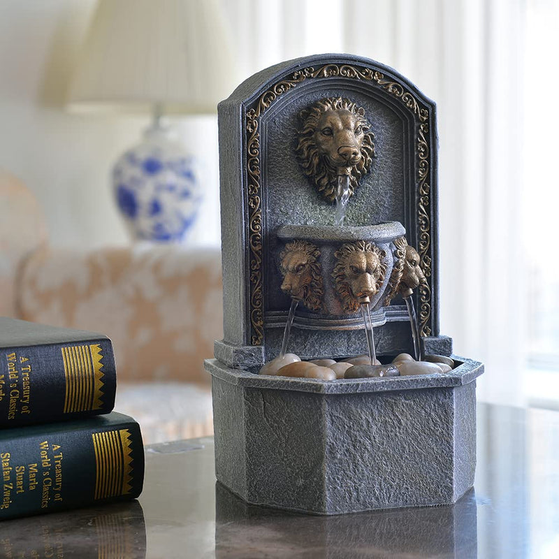 GOSSI 10.3 in Tall Tabletop Fountain Classic Lion Head Polyresin Indoor Zen Waterfall Fountain w/ Cobblestone Soothing Sounds for Office and Home Decor