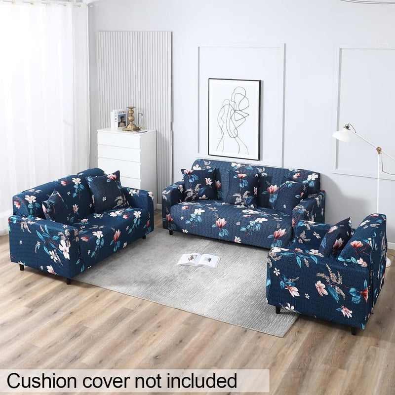 Furshine Blue Lotus Sofa Cover One 3 Seater and Two 1 Seater Fully Covered Universal 5 Seater for Living Room Non-Slip Sticky Elastic Stretchable Couch Sofa Set Slipcover Protector