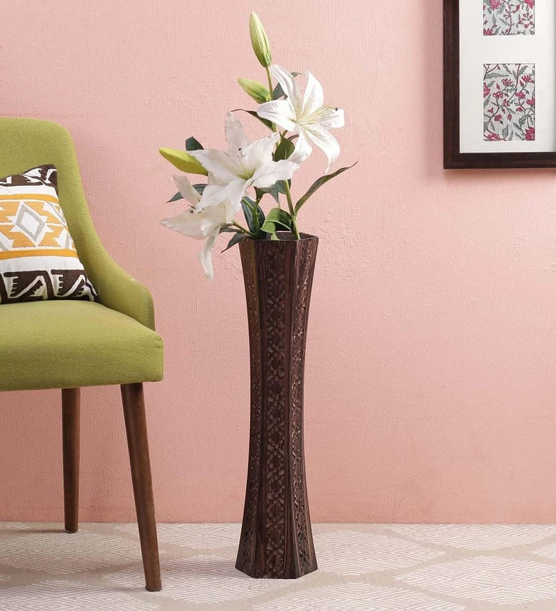 Velgo Hub Wooden Floor Flower Vase with Beautiful Cutting Design Brown 24 Inch