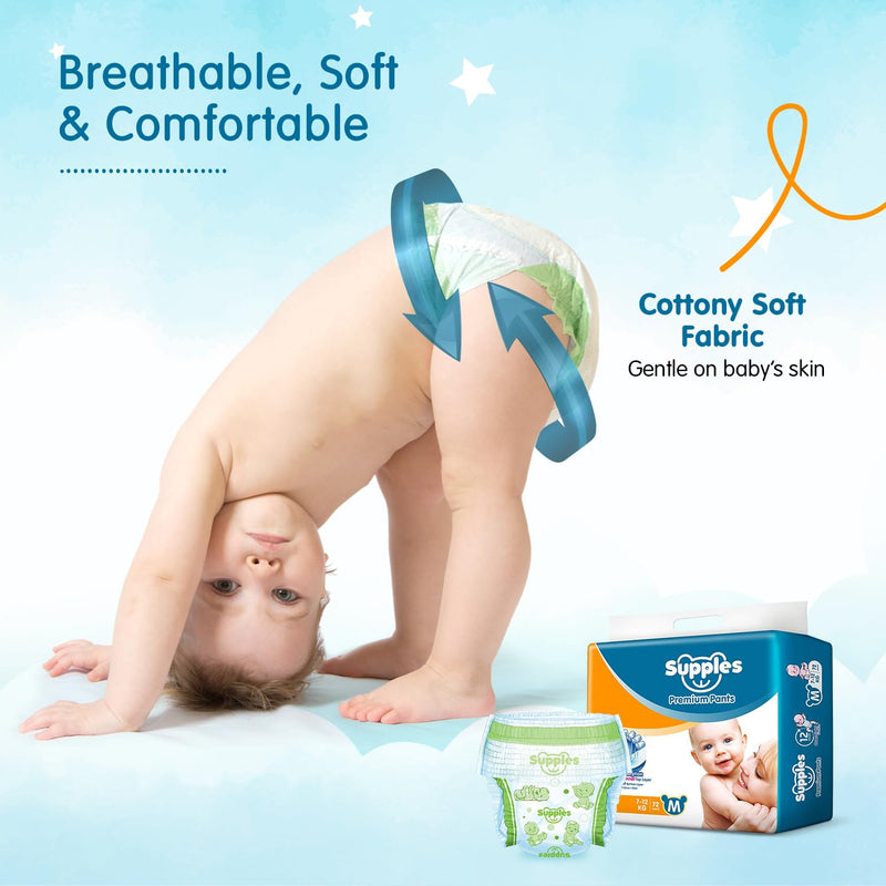 Supples Premium Diapers, Medium (M), 72 Count, 7-12 Kg, 12 hrs Absorption Baby Diaper Pants