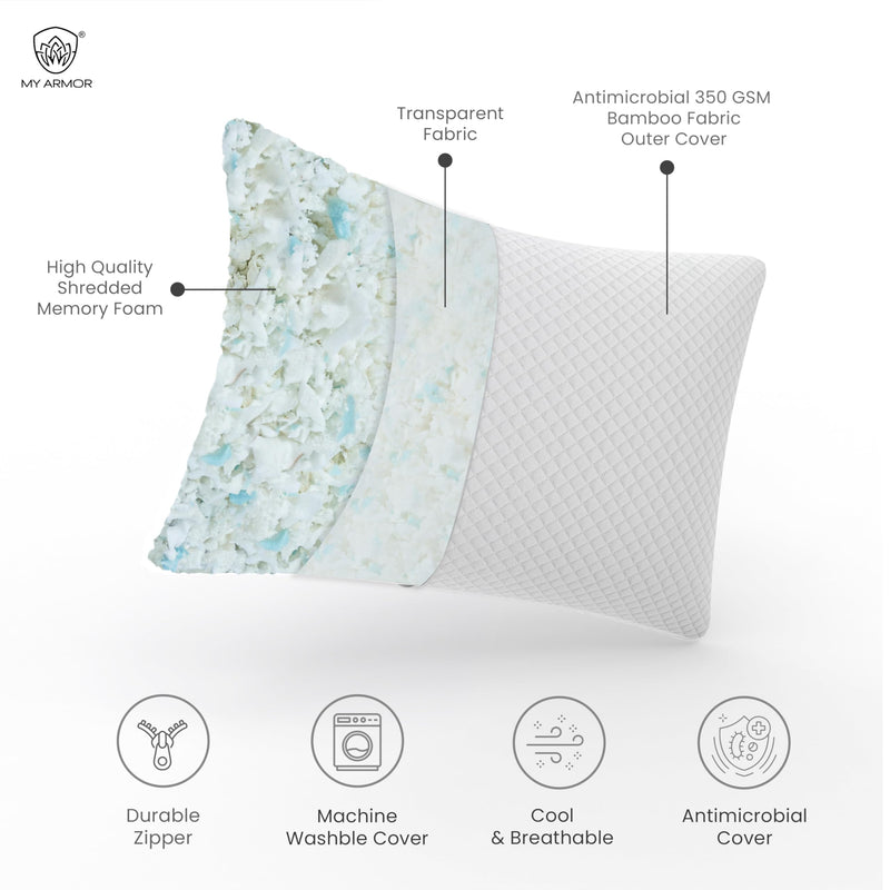 MY ARMOR Adjustable Shredded Memory Foam Pillow with Extra Filling | 350 GSm Antimicrobial Cover | 17" x 27" - 1 Piece