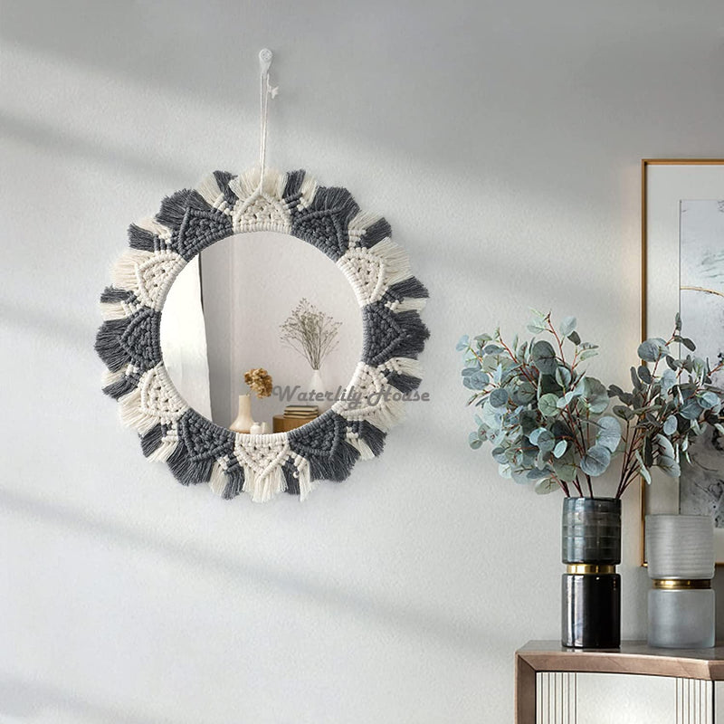 Waterlily House - Wall Hanging Macrame Mirror, Macrame Wall Mirror, Macrame Hanging Fringe, with Fringe, Round Wall Mirror for Home (Model - C)