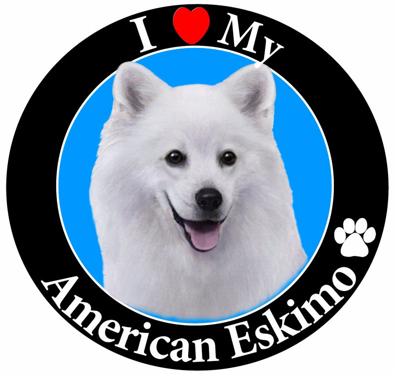 "I Love My American Eskimo" Car Magnet With Realistic Looking American Eskimo Photograph In The Center Covered In UV Gloss For Weather and Fading Protection Circle Shaped Magnet Measures 5.25 Inches Diameter