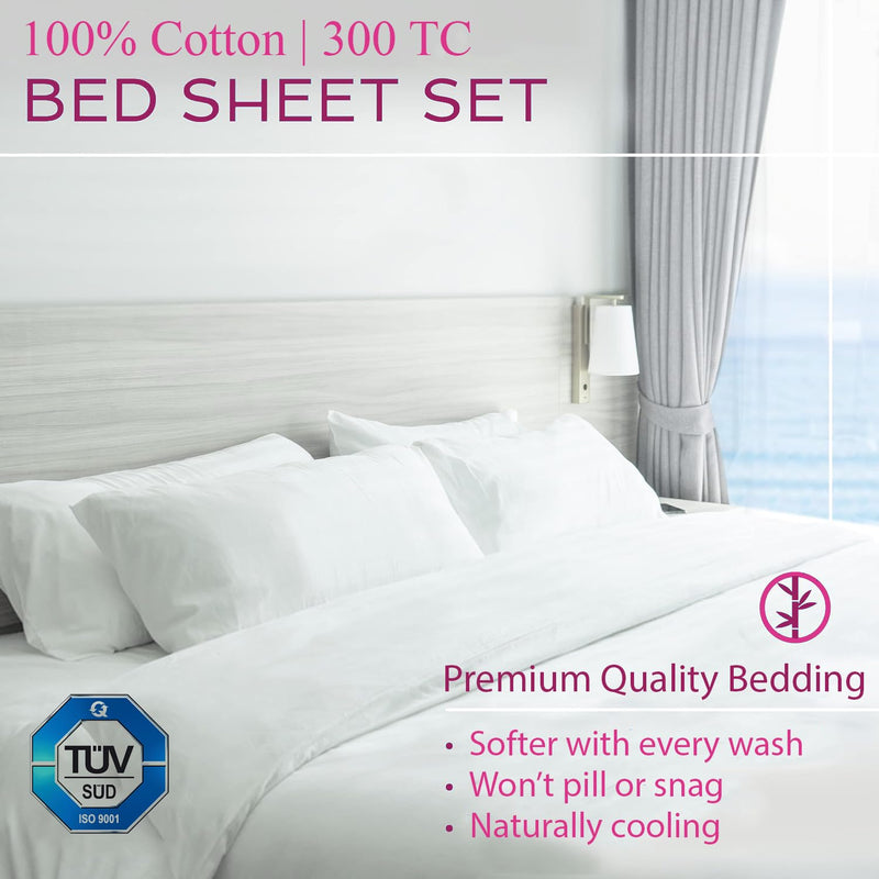 Trance Home Linen 300 TC Pure 100% Cotton | Soft Skin Safe | Breathable Single Size Flat Bedsheets | All Season Soft Fabric | Plain Bedsheet Set with 1 Pillow Covers (90x54 Inches White)