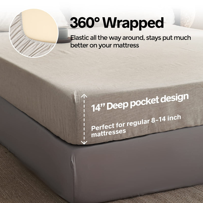 Simple&Opulence 100% Linen Fitted Sheet with 14 Inch Deep Pocket Stone Washed (Linen, King)