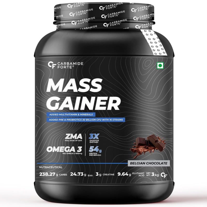 Carbamide Forte Mass Gainer with 54g Protein, 250g Carbs, Multivitamin, ZMA & Creatine 3g - Belgian Chocolate Flavour Weight Gainer - 3kg