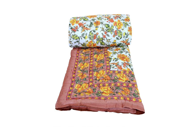 Kiyu Fashion 300 TC Single Bed Jaipuri Razai Organic Pure Cotton Jaipuri rajai Ac Quilt Soft Light Weight Cotton Comforter (Orange Mugal Print, Single Bed - 85x55 Inch)