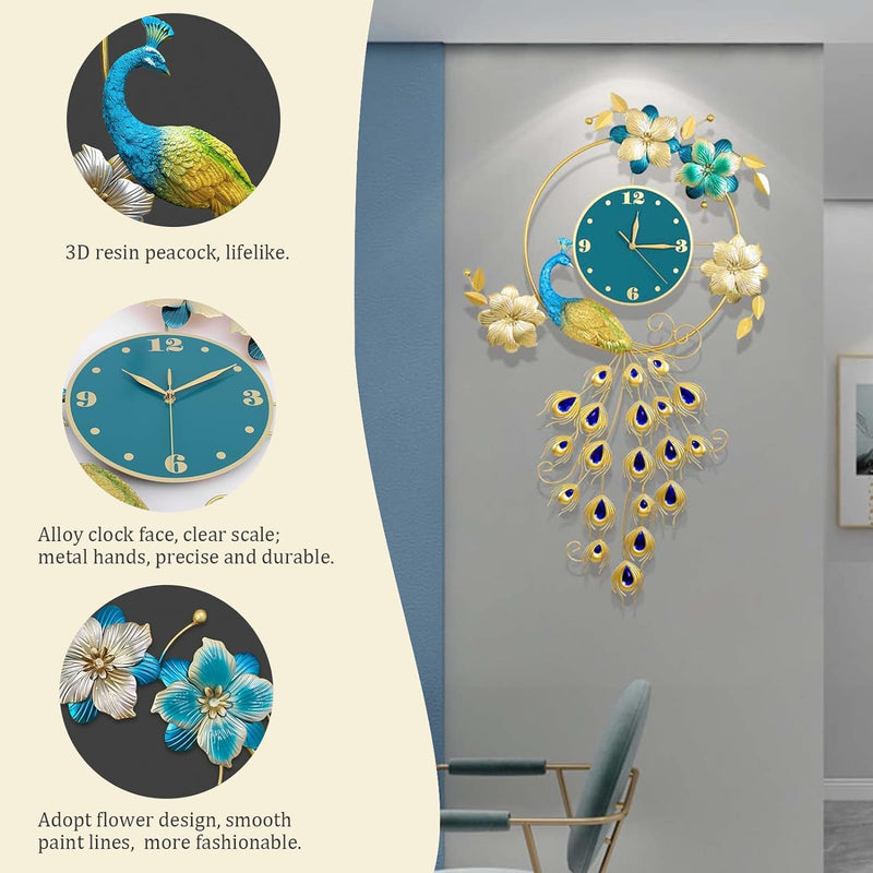 EKYLIP Peacock Digital Wall Clocks Large Decorative, Big Clock For Wall Living Room Decor, European Style Peacock Wall Clock Crystal Luxury Clock Creative Personality Modern(62X102Cm)