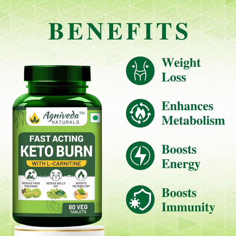 Agniveda Naturals Keto Fat Burn Weight Loss Supplement with L-Carnitine, Green Tea Extract, Appetite Suppressant and Metabolism Booster, Fat Burner for Men and Women - 60 Tablets