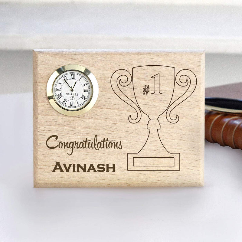 Graphicalmela Wooden Table Clock with Trophy - Congratulation for Mom Dad Uncle Aunty Boss Friend Office Colleagues Boyfriend Girlfriend Sister - Brown