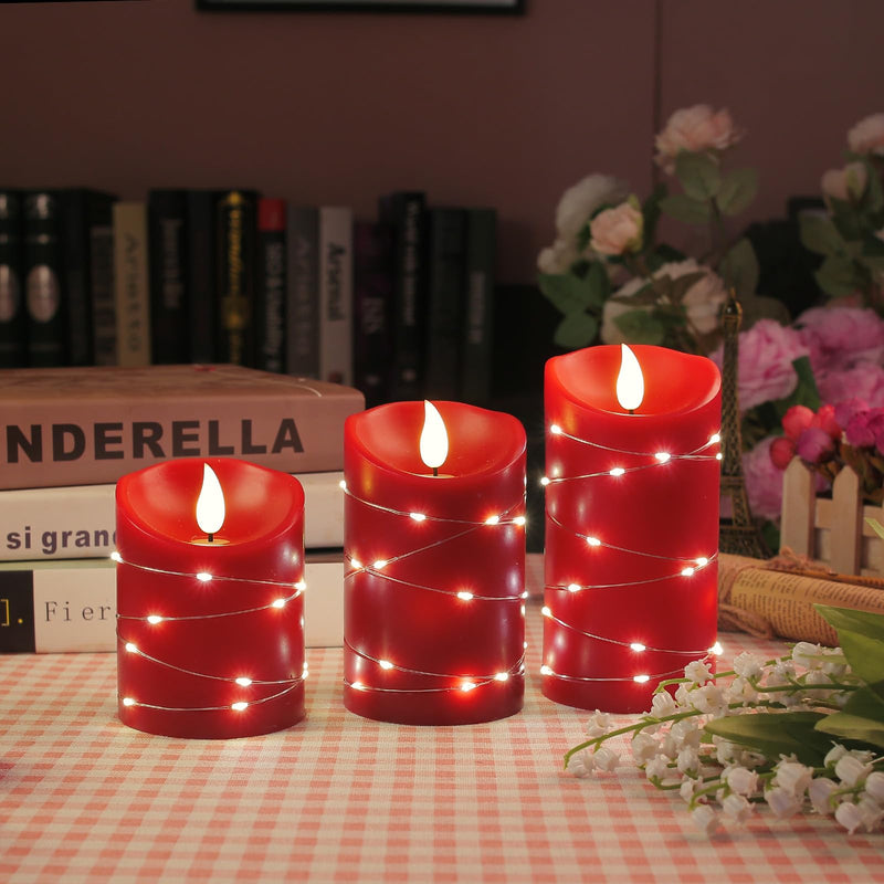 Xinhidar Flameless Candle Rechargeable 3-Piece Set with Embedded Light String LED Candle USB Charging Candle 11 Key Remote Control Electronic Candle 24-Hour Timer Function Flashing Flame Candle (red)