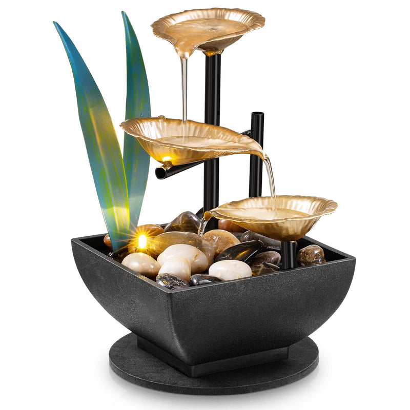 Tabletop Fountain Desktop Fountain 3-Tier Indoor Golden Lotus Leaf Relaxation Fountains Tabletop Waterfall, Office Home Decor Including Lots of Natural River Rocks and Warm Yellow Scene Light