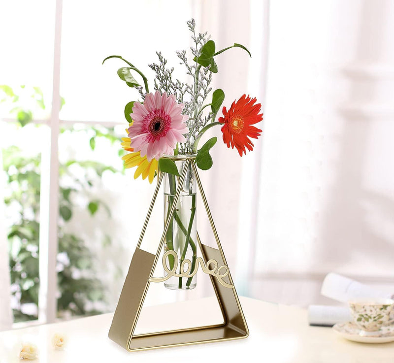 TIED RIBBONS 1 Pcs Propagation Station with Metal holder Glass Test Tube Vase Pot for Flower Plants Home Decor Office Living Room Bedroom Table Balcony Decoration Items (Gold, 20.3 cm x 15.2 cm)